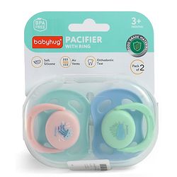 Babyhug Seahorse Print Orthodontic Pacifier Pack of 2| 3+ Months| Protective Hygienic Cap| Breathable Airflow Vents | Orthodontic Silicone Teat | Food-Grade Silicone | BPA Free | Baby Safe