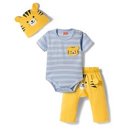 Babyhug 100% Cotton Interlock Knit Half Sleeves Onesie With Leggings & Cap & Lion Print With Applique - Multicolor