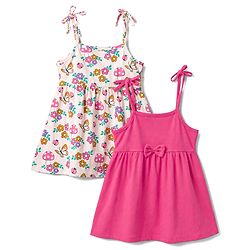 Babyhug 100% Cotton Knit Sleeveless Floral & Butterfly Printed Frocks With Bow Applique Pack Of 2 - Multicolor