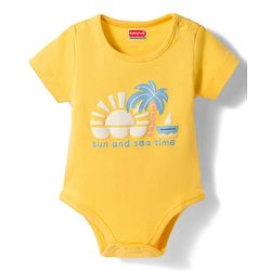 Babyhug 100% Cotton Knit Half Sleeves Onesie with Diaper Leggings & Beach Theme Print - Yellow & Light Blue