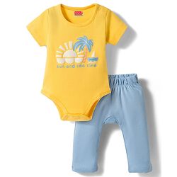 Babyhug 100% Cotton Knit Half Sleeves Onesie with Diaper Leggings & Beach Theme Print - Yellow & Light Blue