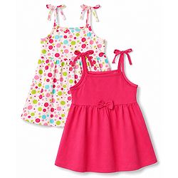 Babyhug 100% Cotton Single Jersey Knit Sleeveless Solid & Polka Dots Printed Frocks with Bow Applique Pack of 2 - Red
