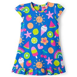 Babyhug Cotton Knit Half Sleeves Nighty with Tropical Theme Print - Blue