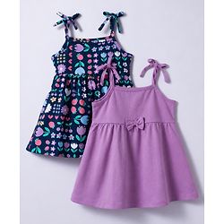Babyhug 100% Cotton Knit Shoulder Strap Frocks With Bow Applique Pack Of 2 - Multicolor