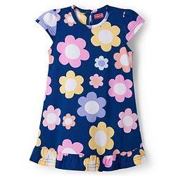 Babyhug Cotton Knit Half Sleeves Nighty with Floral Print - Navy Blue