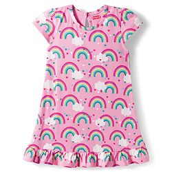 Babyhug Cotton Knit Half Sleeves Nighty with Rainbow Print - Pink