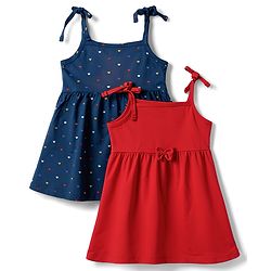 Babyhug 100% Cotton Single Jersey Knit Sleeveless Solid & Polka Dots Printed Frocks with Bow Applique Pack of 2 - Red & Navy