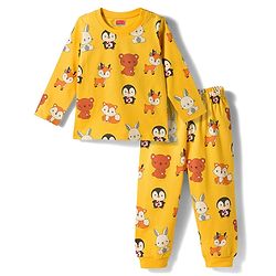 Babyhug Cotton Knit Full Sleeves Co-ords T-Shirt & Pajama Night Suit with Animal Print - Yellow