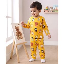 Babyhug Cotton Knit Full Sleeves Co-ords T-Shirt & Pajama Night Suit with Animal Print - Yellow