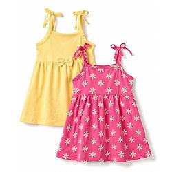 Babyhug 100% Cotton Knit Sleeveless Floral Printed Frocks With Bow Applique Pack Of 2 - Multicolor