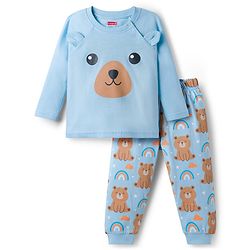 Babyhug Cotton Knit Full Sleeves T-Shirt & Pyjama Night Suit With Teddy Bear & Rainbow Print - Blue