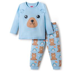 Babyhug Cotton Knit Full Sleeves T-Shirt & Pyjama Night Suit With Teddy Bear & Rainbow Print - Blue
