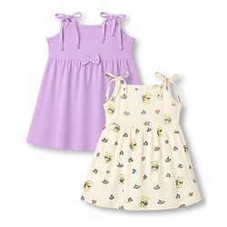 Babyhug 100% Cotton Knit Sleeveless Floral & Bear Printed Frocks With Bow Applique Pack of 2 - Multicolor