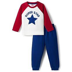 Babyhug Cotton Knit Full Raglan Sleeves T-Shirt & Pyjama Night Suit With Super Star Print - White