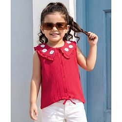 Babyhug 100% Cotton Crepe Woven Sleeveless Top with Floral Embroidery Detailing - Red