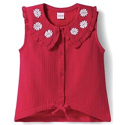 Babyhug 100% Cotton Crepe Woven Sleeveless Top with Floral Embroidery Detailing - Red