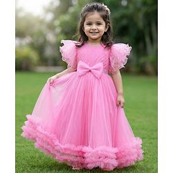 Babyhug Woven Frill Sleeves 5 Layer Party Gown with Sequin Detailing & Bow Applique - Light Pink
