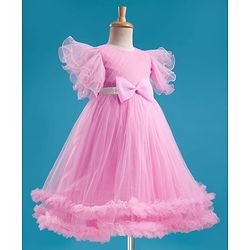Babyhug Woven Frill Sleeves 5 Layer Party Gown with Sequin Detailing & Bow Applique - Light Pink