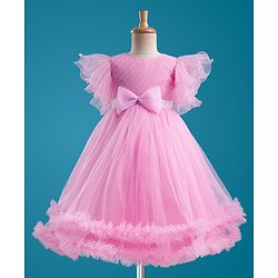 Babyhug Woven Frill Sleeves 5 Layer Party Gown with Sequin Detailing & Bow Applique - Light Pink