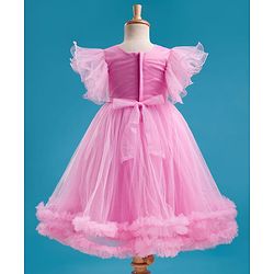 Babyhug Woven Frill Sleeves 5 Layer Party Gown with Sequin Detailing & Bow Applique - Light Pink