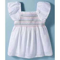 Babyhug Cotton Woven Swiss Dot Sleeveless Top with Smocking Detailing - White