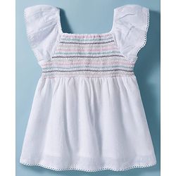 Babyhug Cotton Woven Swiss Dot Sleeveless Top with Smocking Detailing - White