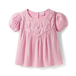Babyhug Rayon Woven Half Puffed Sleeves Solid Colour Frock Style Top with Pleats Detailing - Pink