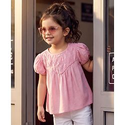 Babyhug Rayon Woven Half Puffed Sleeves Solid Colour Frock Style Top with Pleats Detailing - Pink