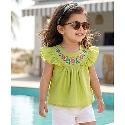 Babyhug Cotton Swiss Dot Woven Half Sleeves Floral Embroidered Top - Olive Green