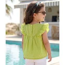 Babyhug Cotton Swiss Dot Woven Half Sleeves Floral Embroidered Top - Olive Green