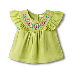 Babyhug Cotton Swiss Dot Woven Half Sleeves Floral Embroidered Top - Olive Green