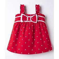 Babyhug Cotton Woven Sleeveless Heart Printed Top with Bow Applique - Red
