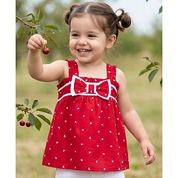 Babyhug Cotton Woven Sleeveless Heart Printed Top with Bow Applique - Red
