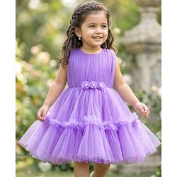 Babyhug Mesh Woven Sleeveless Party Dress With Floral Corsage & Yoke Pleating - Lavender