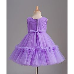 Babyhug Mesh Woven Sleeveless Party Dress With Floral Corsage & Yoke Pleating - Lavender