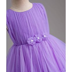 Babyhug Mesh Woven Sleeveless Party Dress With Floral Corsage & Yoke Pleating - Lavender