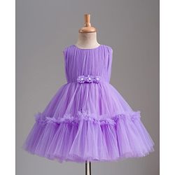 Babyhug Mesh Woven Sleeveless Party Dress With Floral Corsage & Yoke Pleating - Lavender