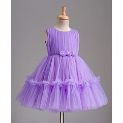 Babyhug Mesh Woven Sleeveless Party Dress With Floral Corsage & Yoke Pleating - Lavender