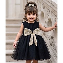 Babyhug Mesh Woven Sleeveless Solid Colour Party Dress with Sequined Bow Detailing - Black