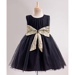 Babyhug Mesh Woven Sleeveless Solid Colour Party Dress with Sequined Bow Detailing - Black