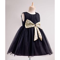 Babyhug Mesh Woven Sleeveless Solid Colour Party Dress with Sequined Bow Detailing - Black