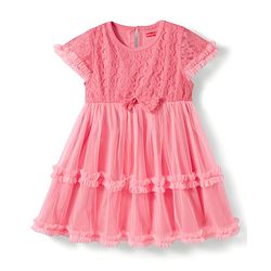 Babyhug Single Jersey Knit Half Sleeves Frock with Bow Applique & Embroidery - Coral