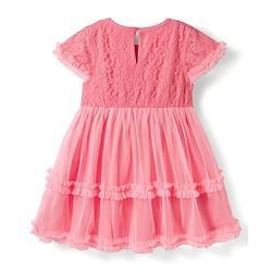 Babyhug Single Jersey Knit Half Sleeves Frock with Bow Applique & Embroidery - Coral