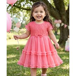 Babyhug Single Jersey Knit Half Sleeves Frock with Bow Applique & Embroidery - Coral