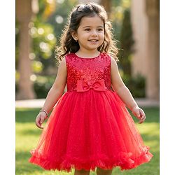 Babyhug Woven Sleeveless Party Dress with Sequin Yoke & Bow Applique - Red