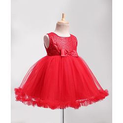 Babyhug Woven Sleeveless Party Dress with Sequin Yoke & Bow Applique - Red