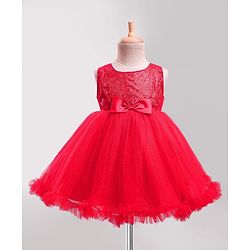 Babyhug Woven Sleeveless Party Dress with Sequin Yoke & Bow Applique - Red