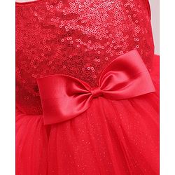 Babyhug Woven Sleeveless Party Dress with Sequin Yoke & Bow Applique - Red