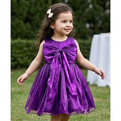 Babyhug T-issue Woven Sleeveless Solid Colour Fit & Flared Party Dress with Bow Applique - Purple