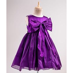Babyhug T-issue Woven Sleeveless Solid Colour Fit & Flared Party Dress with Bow Applique - Purple